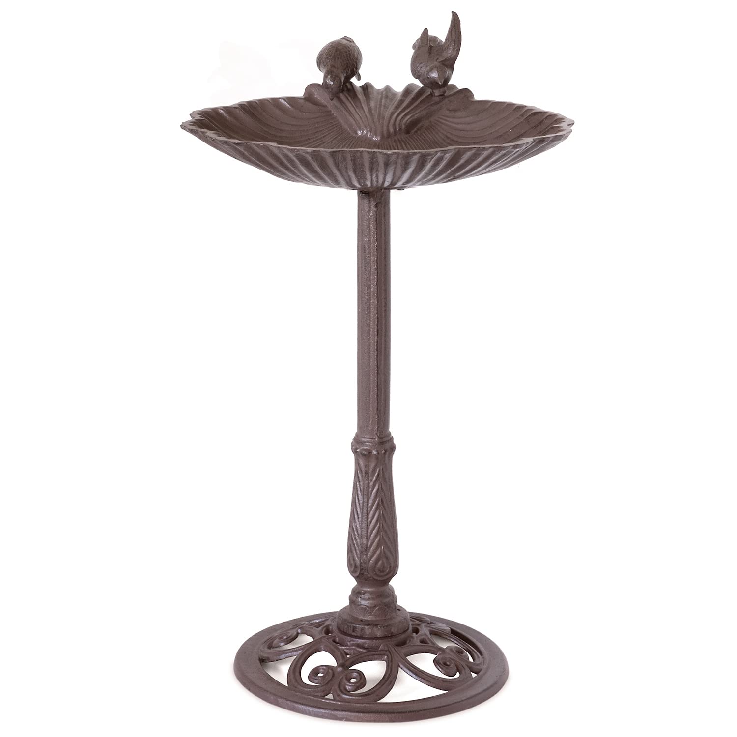 Moritz Bebedero para pájaros, 78 cm de alto, color marrón, hierro fundido, bebedero para pájaros para jardín, baño de pájaros con soporte, diseño antiguo