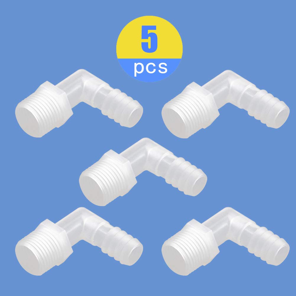 QuickunHose Barb Fitting Elbow, 5/16" Hose Barb x 1/2" Male NPT Barbed Adapter for Fuel/AIR/Water/Oil/Gas/WOG(Pack of 5)
