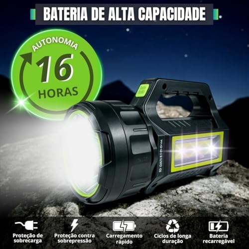 Lanterna LED Tática com 7 Modos, 100000 Lúmens, Longo Alcance 500m, Recarregável USB e Solar, Power