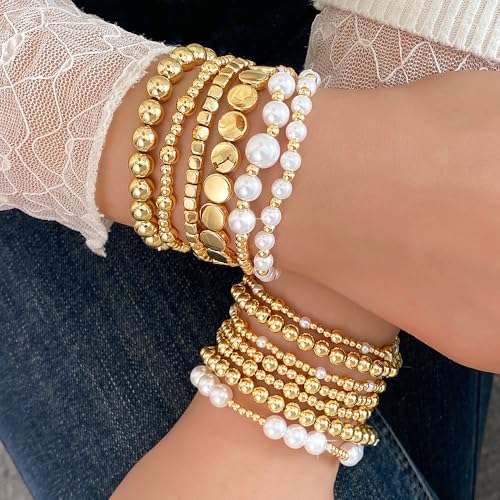 KISS WIFE Gold Bracelets for Women Gold Bracelet Stack Pearl Beaded Bracelets for Women Strand Bead Ball Stretchable Elastic Bracelet Set Adjustable Fashion Accessories Jewelry for Gifts3