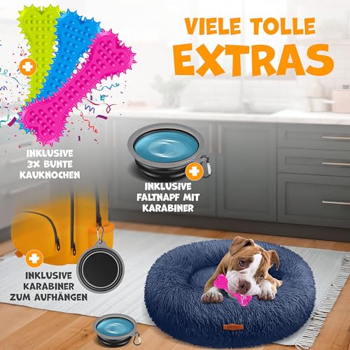 Lovpet® Hundebett Hundekissen Katzenbett Bagel, Waschbar, Inkl. Napf + 3X Kauknochen, Hundesofa flauschig Kissen Rund aus Plüsch für Kleine, Mittelgroße & Große Hunde, Katzen [3XL, Ø 100cm Navyblau]