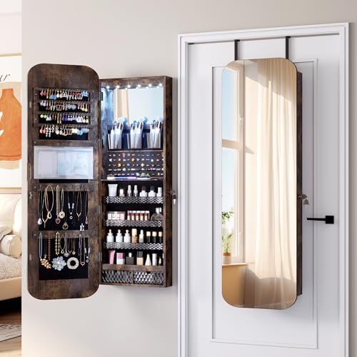 Image of Vlsrka 47.2 inch Wall /Door Mounted Jewelry Cabinet Organizer Armoire W /Mirror | 6 LEDs, Over The Door Hanging Jewelry Organizer with Rounded Corner Mirror, Lockable Full Length Mirror with Storage, Brown