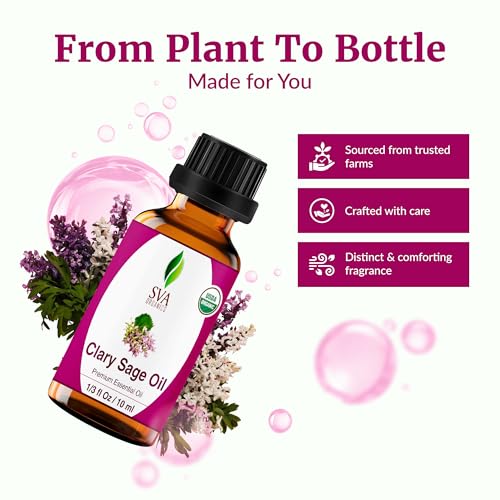 Image of SVA Clary Sage Essential Oil Organic - 1 /3 Fl Oz - 100% Natural Organic Clary Sage Oil - for Diffuser, Hair Care, Face, Skin Care, Aromatherapy, Scalp and Body Massage, Soap and Candle Making