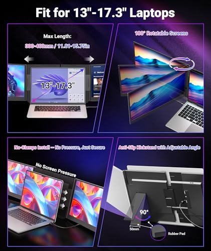 Image of 15.6 inch One-Cable Laptop Screen Extender, Ultra-Thin 1080P FHD Triple Portable Monitor, Travel Monitor for 13-17.3 inch Laptop, USB-C /USB-A Connection, Dual Monitor for Mac /Windows /Android(Driver Required)