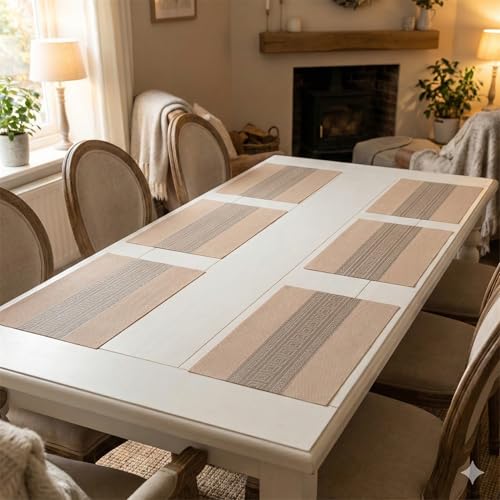 Image of YELONA Placemats Set of 6, Heat-Resistant Woven Vinyl Table Mats, Non-Slip & Washable Dining Tablemats for Kitchen & Dinner Decor, Almond Beige (45cm x 30cm)