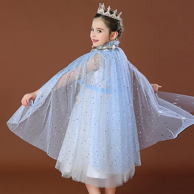 Image of Princess Cape for Girls - Colorful Sequin Cloak with Crown and Wand for Birthday, Halloween, Fancy Dress & Carnival