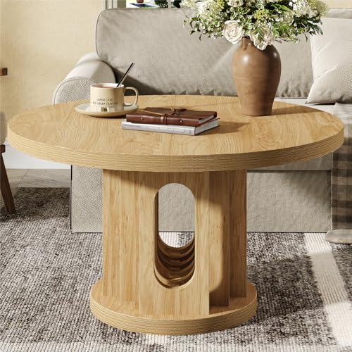 knoworld 31.5" Round Coffee Table, Small Wooden Circle Center Table Hole Panel Splice Design Coffee Tables for Living Room, Thickened Edge MDF Board, Natural Oak by knoworld - Used condition - US$59.19
