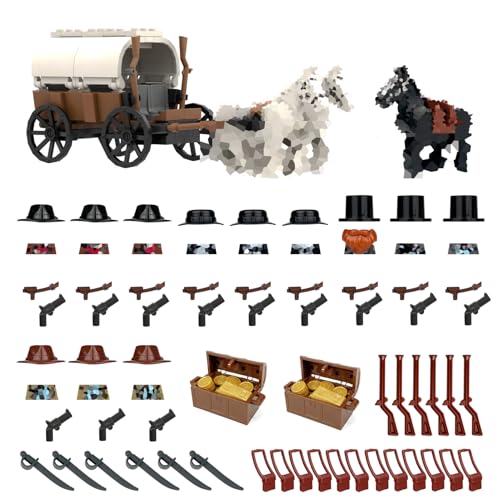 Western Cowboy Building Block Set, Compatible with Lego 77012 Set, 12 Cow Boy Figures & Gun Accessories, Dark Wild West Horse, White Carriage with Golden Bars & Coins, Gold Robbery