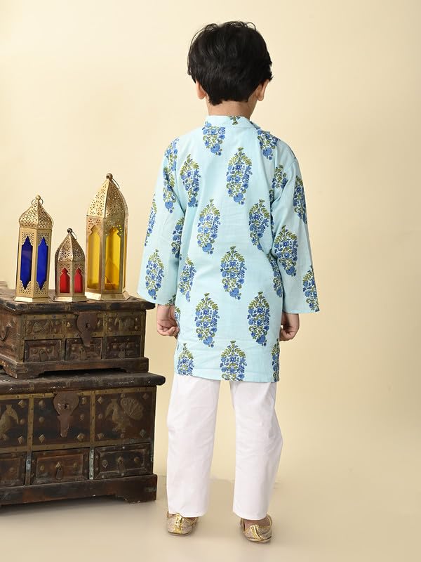 Image of superminis Boys Cotton Full Sleeves Side Open Sanganeri Printed Kurta With Pyjama Set