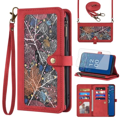 Asuwish Phone Case for Nokia G42 5G / Nokia G310 5G Wallet Cover with Screen Protector and Crossbody Wrist Strap Leather Flip Pattern Zipper Credit Card Holder Stand Cell NokiaG42 NokiaG310 Red