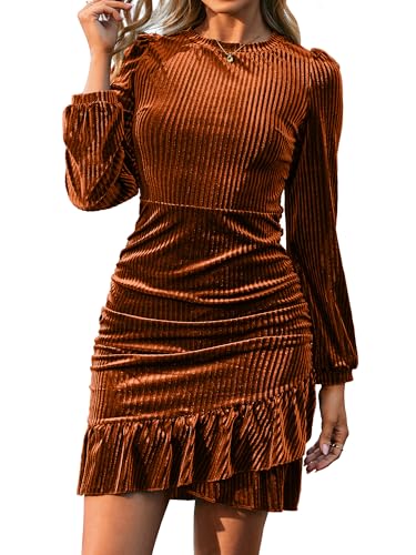 Simplee Womens Velvet Bodycon Mini Dress Long Sleeve Ruffle Hem Fall Winter Cocktail Dresses for Party Holiday Events