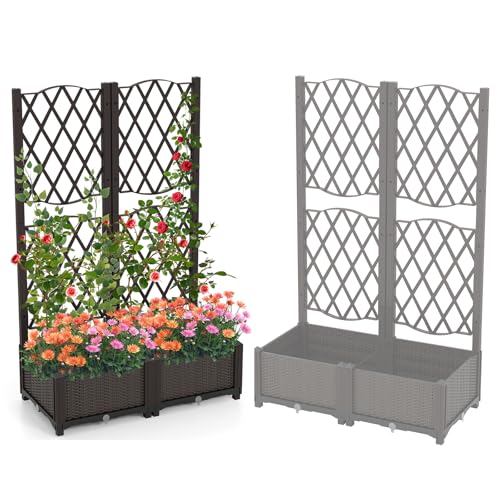 HOMASIS Blumenkasten mit Rankgitter, Pflanzenkasten mit Spalier & Selbstbewässerung, Pflanzkübel Gartenspalier für Kletterpflanzen, Rankkasten Hochbeet für Balkon Garten Terrasse (Braun, 80x40x122cm)