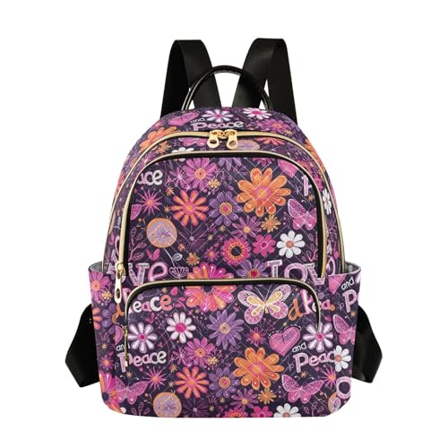 CHIFIGNO Purple Hippie Flowers Purse Backpack for Women Cute Mini Backpack Travel Back Pack Lightweight Anti Theft Adult Backpack Medium Size
