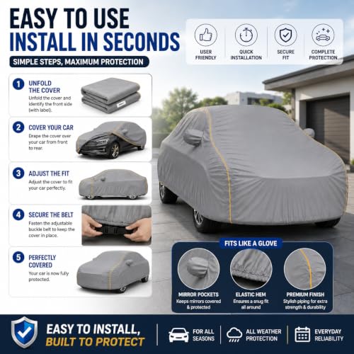 Image of S-Presso Heavy Duty Car Cover Waterproof | 6-Layer Full Body Protection with Soft Cotton Inner Lining | UV, Rain, Heat, Dust & Scratch Resistant | Custom Fit with Mirror Pockets | Grey