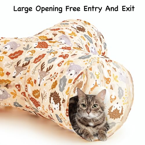 Image of Tempcore Cat Tunnel for Indoor Cats, 3 Way Collapsible Pet Play Tunnel with Teaser Wand, Peek Holes & Hanging Ball, Interactive Tube for Kittens & Rabbits, Beige Deer