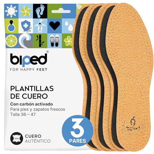 biped 3 pares de plantillas de cuero de primera calidad con suelas de carbón activo contra el sudor de los pies - Plantillas de cuero suave para hombre y mujer z1724(38-39)