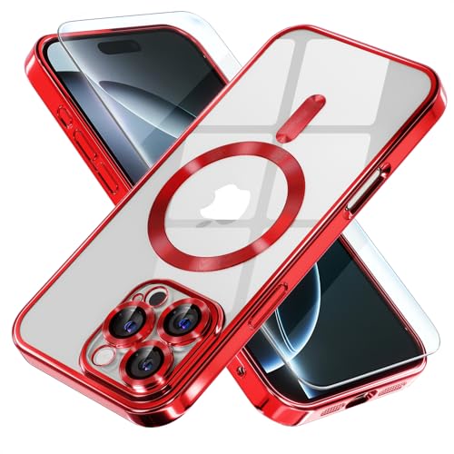 Image of Misea Magnetic for iPhone 16 Pro Case Compatible with MagSafe Red | [Never Yellowing] [Military Drop Protection] Full Camera Lens Protector Plating Soft Clear Phone Case for Women, Red