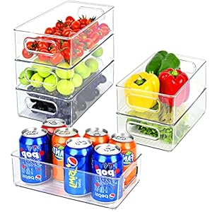 Herrfilk Fridge Organiser Set of 6, Transparent Stackable Storage Box with Handle, Tidy Fridge Organiser Set, Fridge Box Set for Kitchens, Kitchen Cupboards, Cupboards, BPA Free, Medium