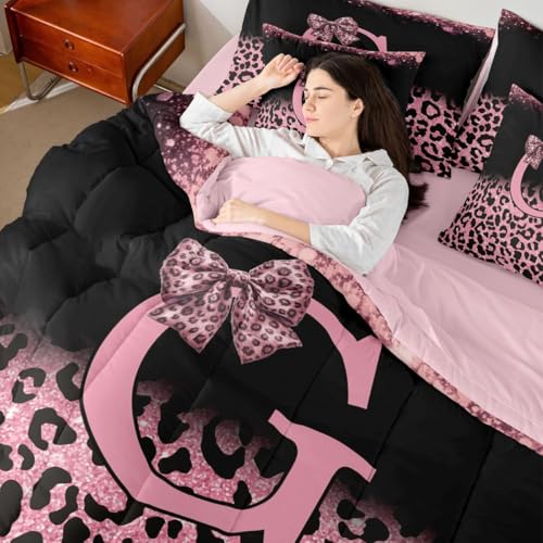 Image of Feelyou Bow Initial Letter G Comforter Set Twin Size 7 Pieces Glitter Leopard Print Bedding Set Kids Boys Girls Girly Bow Bed in a Bag with Comforter, Sheets, Pillowcases, Cushion Covers Bedroom Decor