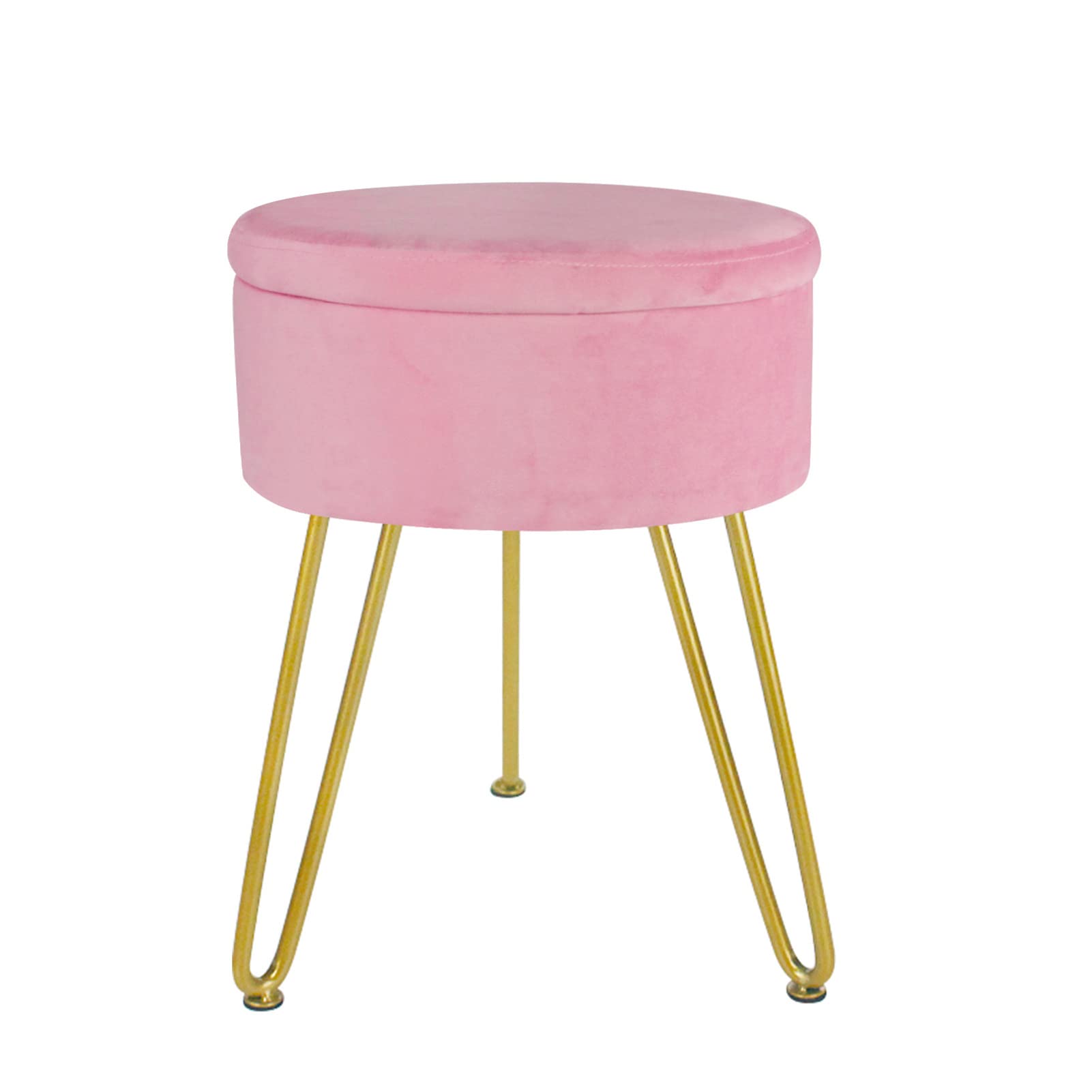 Reposapiés de almacenamiento de terciopelo rosa con patas doradas y tapa para mesa auxiliar