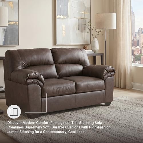Image of Signature Design by Ashley Faux Leather Loveseat Sofa Couch, Umber Brown | No-assembly 66 in profile, Anti-sag platform foundation with jumbo stitching, WalkerPoint Series