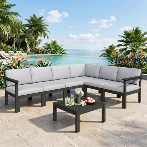 Image of Modular Outdoor Patio Conversation Set, 7-Piece L-Shaped Sectional Sofa Set with Coffee Tables & Thick Cushions, Easy Side Interlock, HIPS All-Weather Patio Furniture Set for Backyard, Deck, Poolside