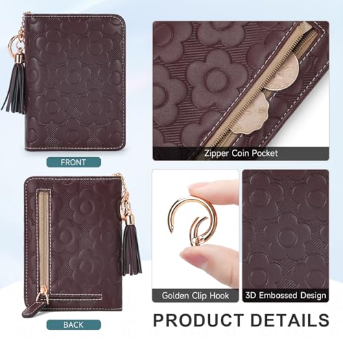 RFID Blocking Wallet Women Cute Embossed Floral Leather Credit Card Holder Wallet for Women with Tassel Accordion Purse Bifold Ladies Small Womens Wallets with Zipper Coin Pocket Coffee4