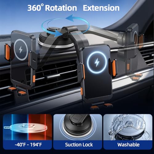 Image of Car Phone Holder Mount, Wireless Car Charger with Auto Clamping, Dashboard Phone Mount and Windshield Holder, Extendable 360 Degree Arm, Washable Gel Suction Cup, Fits Most Smartphones