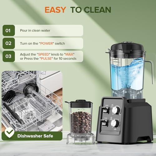 Blender for Smoothies, Professional Countertop Blenders with Self Cleaning, Ice Crush &amp; Frozen Fruits, Dishwasher Safe Jar, 6 Blades for Silky Shakes and Drinks
