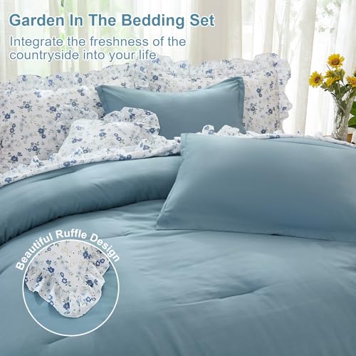 Image of WONGS BEDDING Queen Comforter Set, 8 Pieces Farmhouse Bed in a Bag Queen, Bedding Set Queen Size with Blue Comforter, Ruffle Floral Pillowcases & Flat Sheet, Floral Fitted Sheet