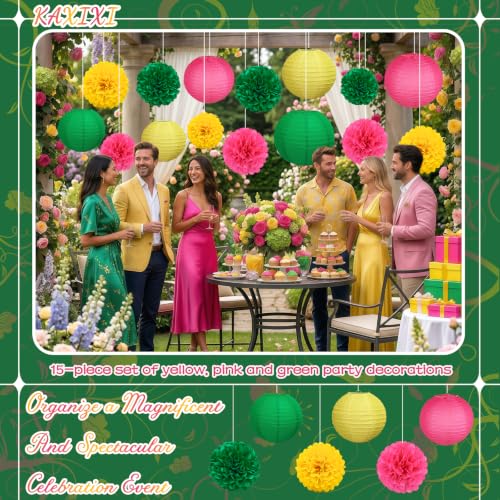 Image of KAXIXI 15-Piece Rose Red, Green & Yellow Paper Lanterns Pom Poms