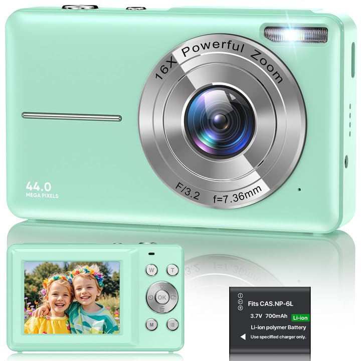 Digital Camera 1080P, 44MP FHD Compact Digital Camera, 16X Digital Zoom Portable Photo Camera with 2.4' LCD Screen, 1 Battery, Vlogging Camera for Kids, Beginners, Teens, Students-Green (No SD Card)