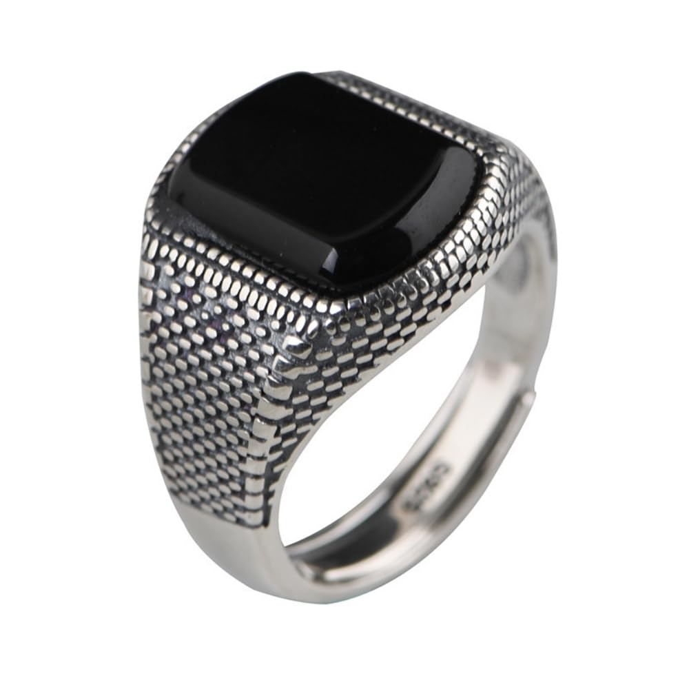 ForFox Anillo vintage de plata de ley 925 con ónix negro para hombre mujer diseño texturizado abierto ajustable
