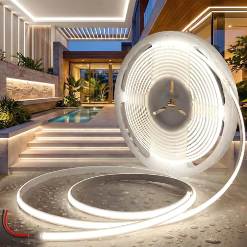 BRIMETI Ruban LED COB 10M 24V Bande LED Blanc Naturel 4000K Extérieur Flexible Etanche IP65 Imperméable 180LEDs/M Recoupable Bandeau Autocollant Intérieure pour Cuisine Chambre (Sans Alimentation)