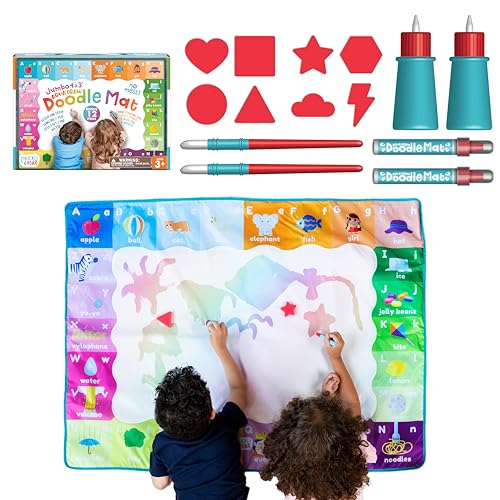 Chuckle & Roar Jumbo Water Doodle Mat – 4ft x 3ft Mess-Free Water Coloring Play Mat for Kids Ages 3+, Reusable Arts & Crafts Set with Brush Pens, Markers & Art Sponges