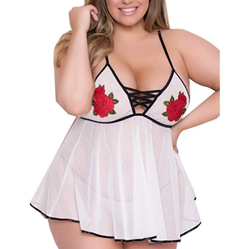 LINGERLOVE Plus Size Sexy Lingerie for Women Babydoll Pajamas Sleepwear Rose Embroidery Sheer Mesh Bridal Chemise