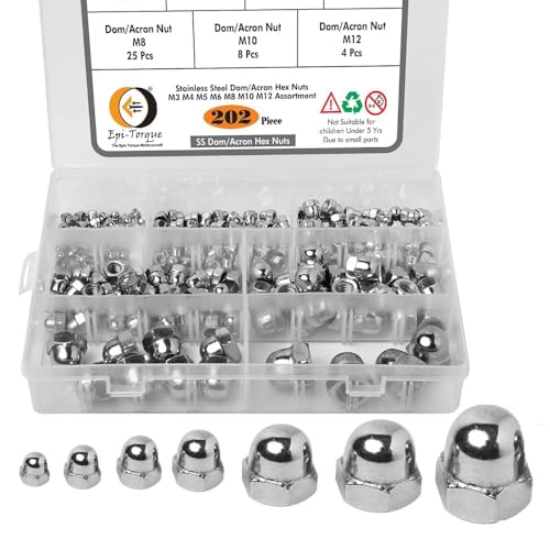 Image of Epi-Torque 202 Pcs Stainless Steel Serrated Metric Acorn Cap Nuts Hex Dome Cap Assortment Kit, 7 Sizes - M3 M4 M5 M6 M8 M10 M12