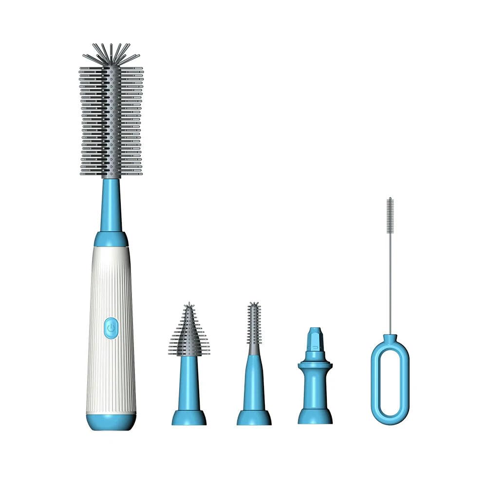 DYRBF - Juego de cepillos eléctricos para limpieza de biberones, inalámbrico, recargable, 1500 mAh, con cabezal de silicona, varilla de extensión y múltiples cabezales reemplazables para pezones y