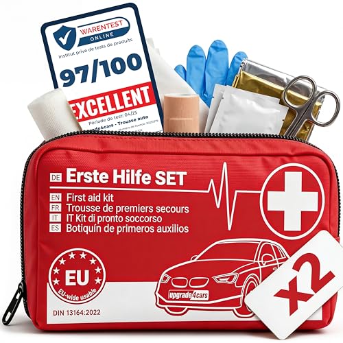 2 x Upgrade4cars Trousse de Secours Auto 2026 DIN 13164 Kit Valable dans Toute l'Europe | Sac de Pansements également pour la Maison & en Déplacement