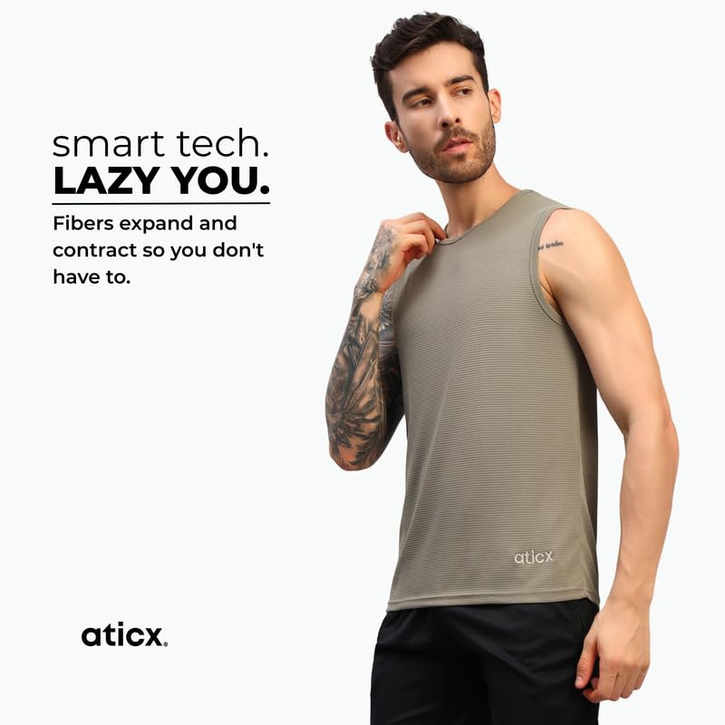 Image of ATICX Men's Slim Fit Sleeveless Sports T-Shirt - Gym Vest, Quick Dry Breathable Training Tank Top for Workout, Running, Cycling, Badminton, Basketball & Swimming Training Wear