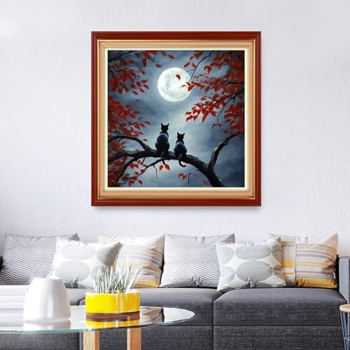 Image of Foxhool Stamped Cross Stitch Kits,11CT Printed Cross Stitch Pattern Full Embroidery Kits for Beginner Needlepoint Kits&Two Cats Admiring the Moon 18x18 inch