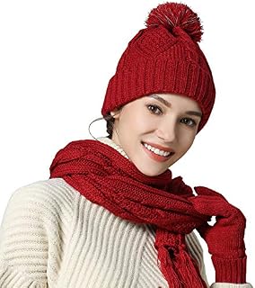 JSHANMEI Scarf Hat Glove Sets Cable Knit Winter Gift Set Pompom Hat Touch Screen Gloves Long Scarf 3pcs Cold Weather Warm Set for Women Girls