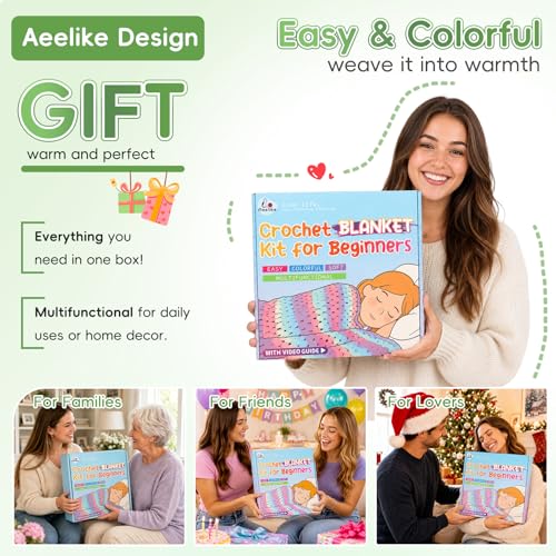 Image of Aeelike Blanket Crochet Kit for Beginners, Super Easy Crochet Blanket Kit with Soft & Colorful Gradient Yarns Detailed Video Tutorials Accessories, Ideal Gift for Crocheter & Moss Green Gradient