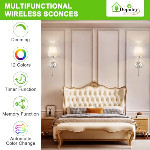 Image of Depuley Battery Operated Wall Sconce: Set of 2 Wireless Wall Lights with Remote for Bedroom - Rechargeable 15 Colors 19.9 inch Wall Lamp for Living Room Hallway Decor