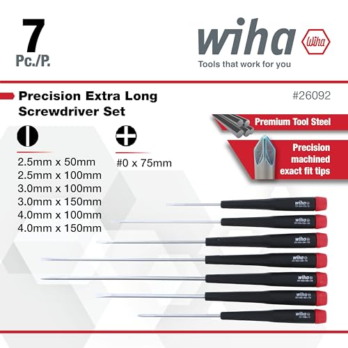 Image of Wiha 26092 Slotted and Phillips Screwdriver Set with Precision Handle, Long, 7 Piece | Long, 7 Piece