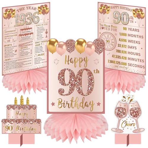 Image of Zirtorei 90th Birthday Decorations for Women, Pink Rose Gold The Year 1936 Happy 90th Birthday Table Honeycomb Centerpieces Party Supplies, 5pcs 90 Year Old Bday Table Toppers Decor