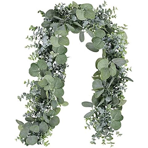 Winlyn 5.9' Long Faux Leaves Greenery Artificial Silver Dollar Eucalyptus Garland in Grey Green Wedding Arch Swag Backdrop Garland Doorways Table Runner Garland Indoor Outdoor Cover