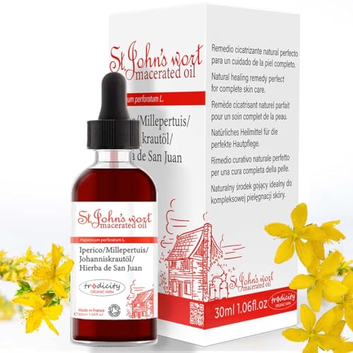 Aceite Hiperico Hierba de San Juan Hidratante y Reparador de la Piel y el Cabello. Antiestrias Embarazo, Aceite de Masaje Corporal, Anticelulitico Reafirmante y Anti Edad Facial 30 ml