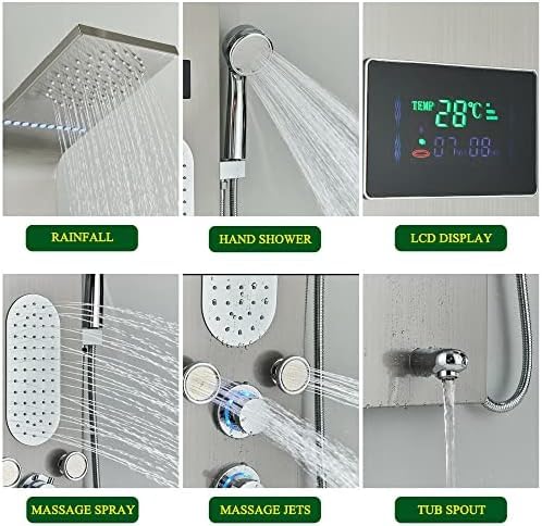 Sistema de Torre de Panel de Ducha de Acero Inoxidable con LED, Resistente al Agua y Rociador de Masaje en Cascada - Níquel Cepillado 8025, Dorado Cepillado 8004 miniatura 3
