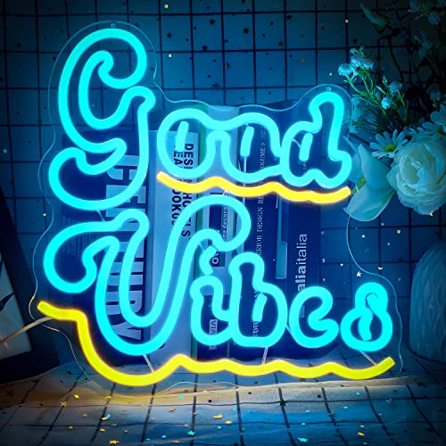 JanHune Good Vibes Neon Sign LED Neon Signs for Wall Decor Dimmable Neon Lights Signs USB Powered Neon Lights for Bedroom Wall,Game Room Bar Party Boys Room Decor Gifts (13.9 x 12.4 inch) Ice Blue Bright Yellow